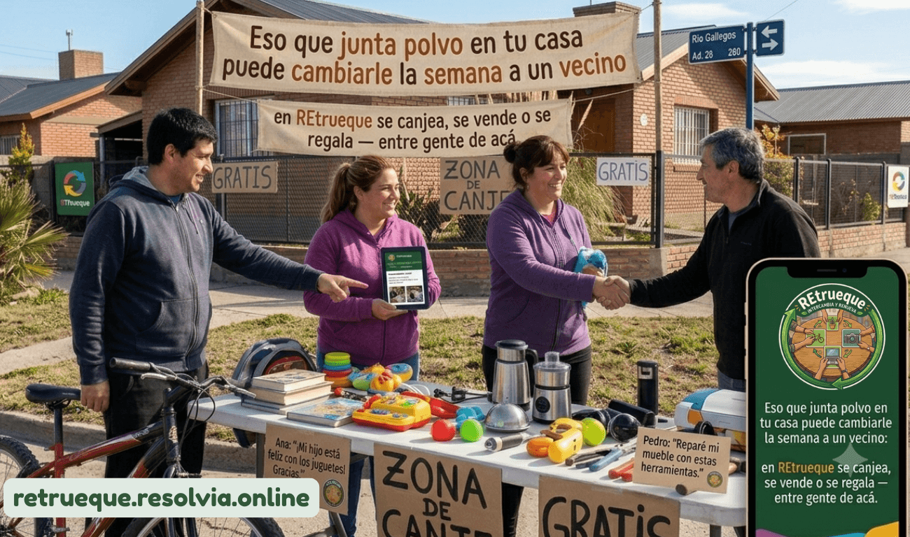 Vecinos canjeando, vendiendo y regalando cosas con REtrueque